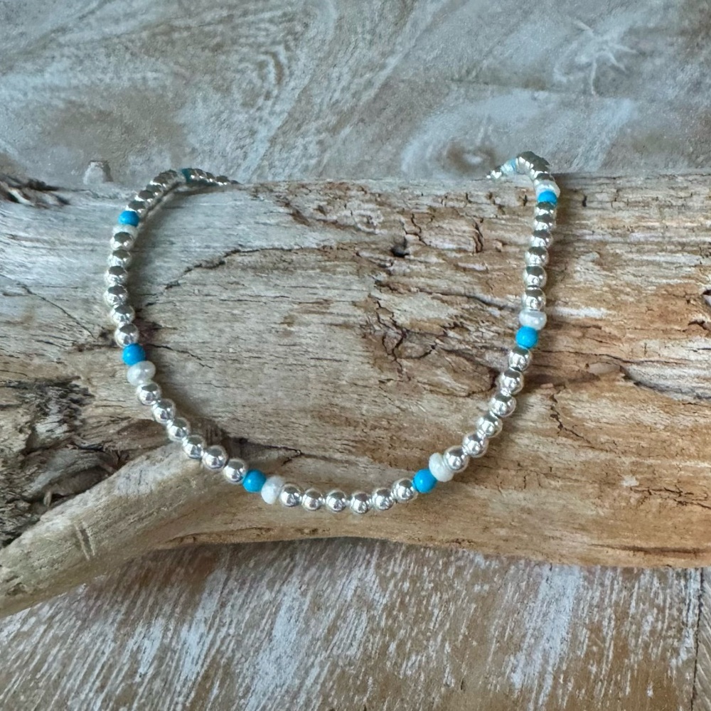 Cabo anklet - 3 mm sterling silver beads + turquoise beads + seed pearls